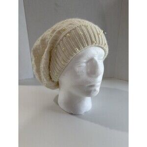 Corallo Womens Cream Beaded Knit Winter Beanie Hat One Size Pom Pom Fox Rabbit